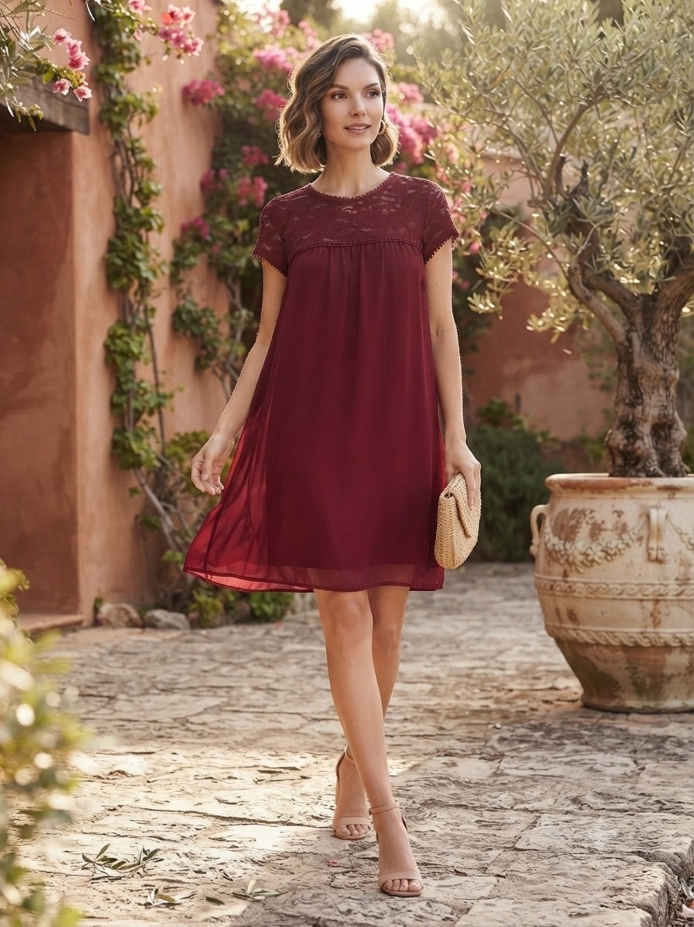 As U Wish Burgundy Lace Yoke Dress